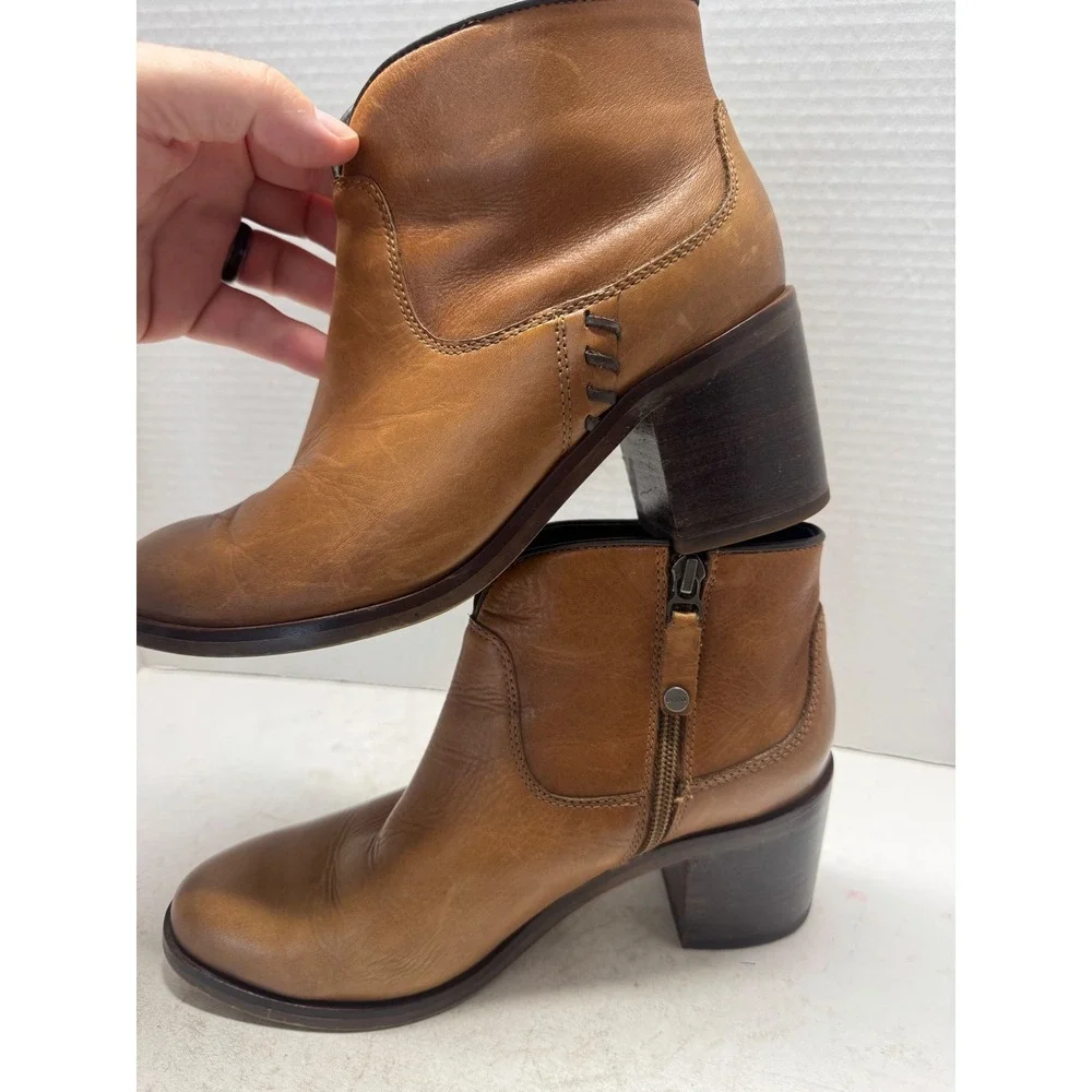 Bosi Tan Brown Leather Ankle Boots Stacked Block Heel Western Booties 38 7.5